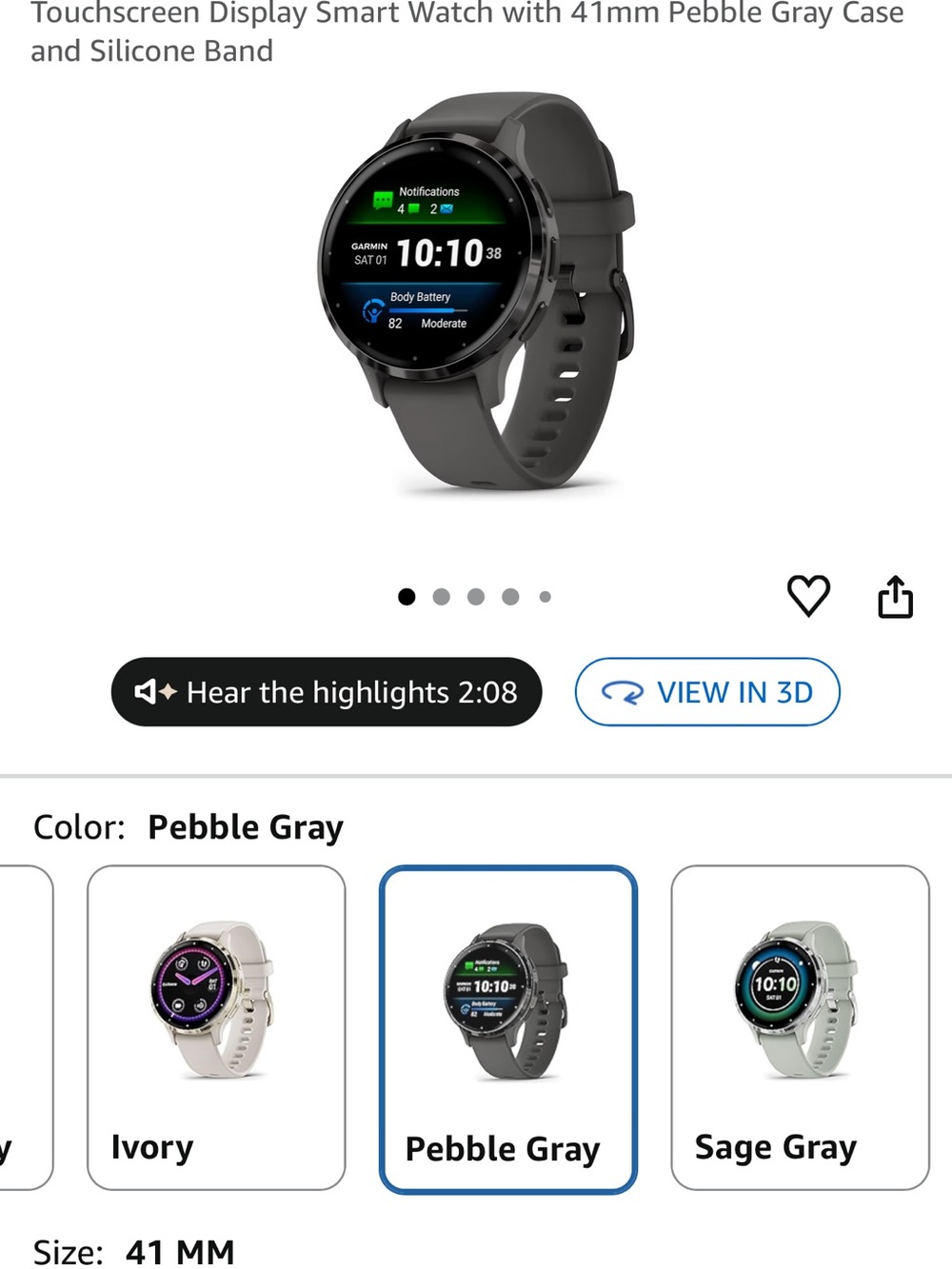 Garmin Venu 3 41mm Pebble Gray Touchscreen Smartwatch with Silicone Band